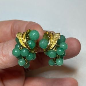 Vintage Signed MARCEL BOUCHER Jade Green Glass Dangle Grape Clip-on Earrings